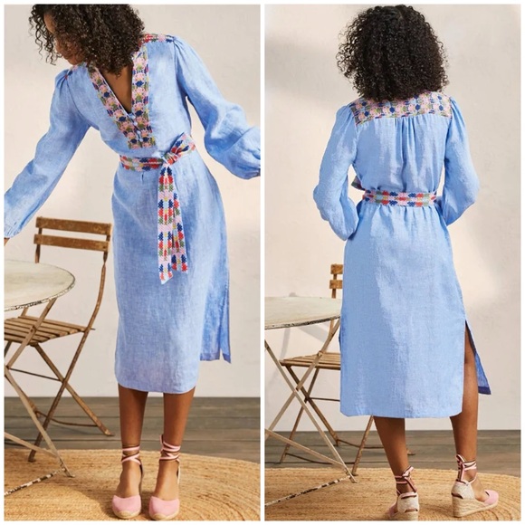Boden Dresses & Skirts - Boden Embroidered Midi Blouson Sleeve Kaftan 100% Linen